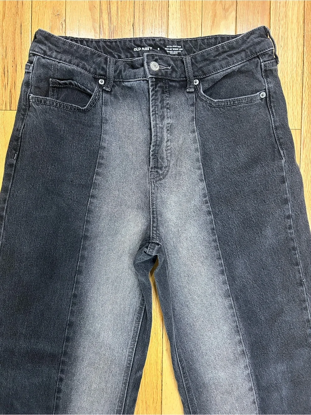 Old Navy Sky-Hi Wide Leg Jeans Two-Tone Colorblock Panel Faded Black Gray Size 8